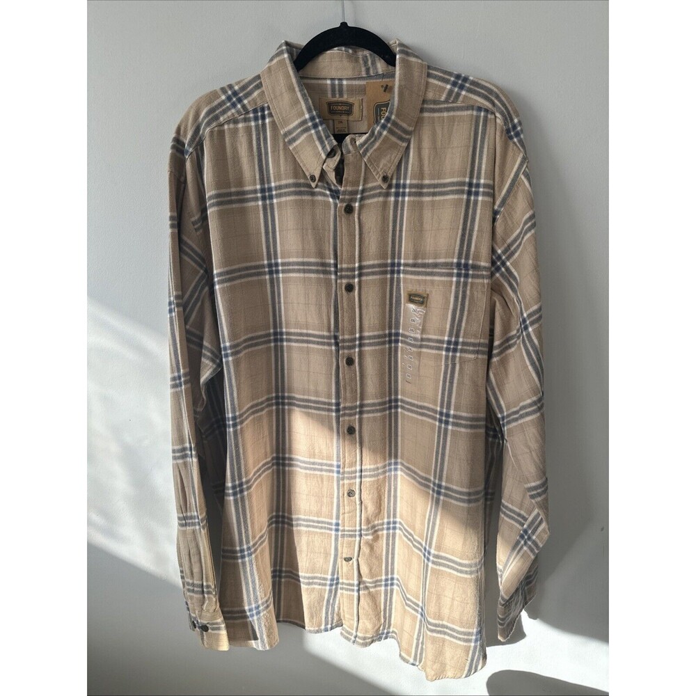 NWT The Foundry Biege & Blue Flannel Shirt Mens Size 2XL